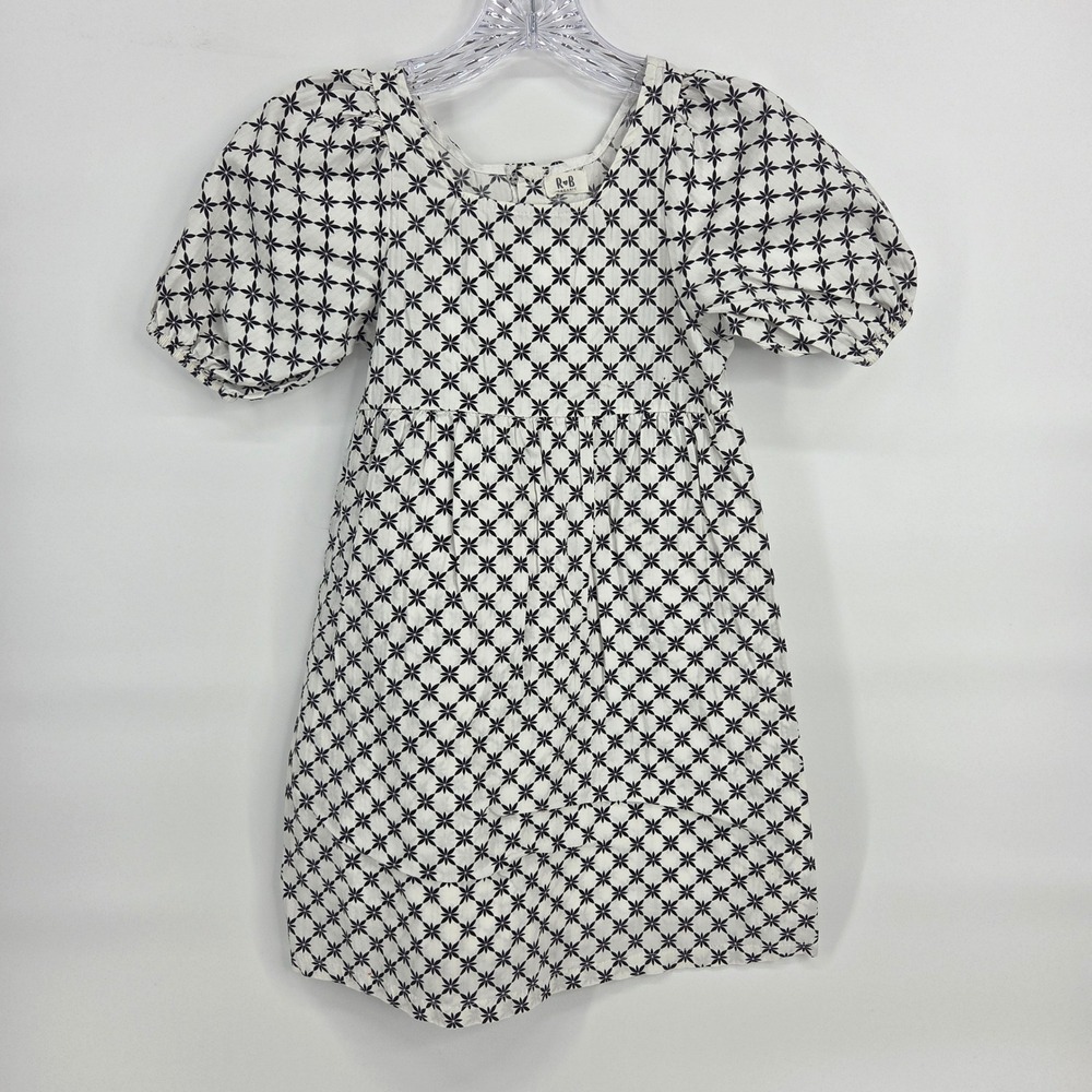 R+B Organic Dress Kids 8 White Black Floral Puff Sleeve Boho Cottagecore
